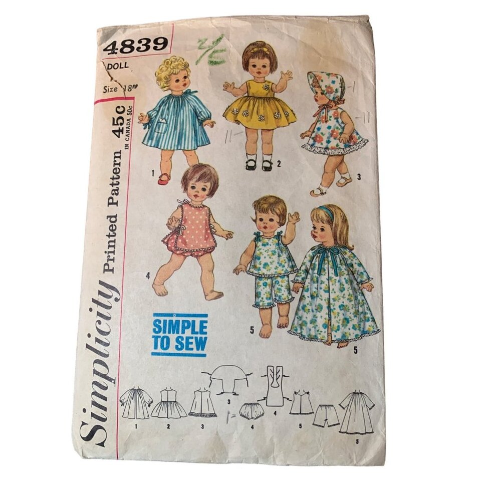 Simplicity 4839 Vintage Doll Sewing Pattern for Size 18" Doll Six Outfits 1960s